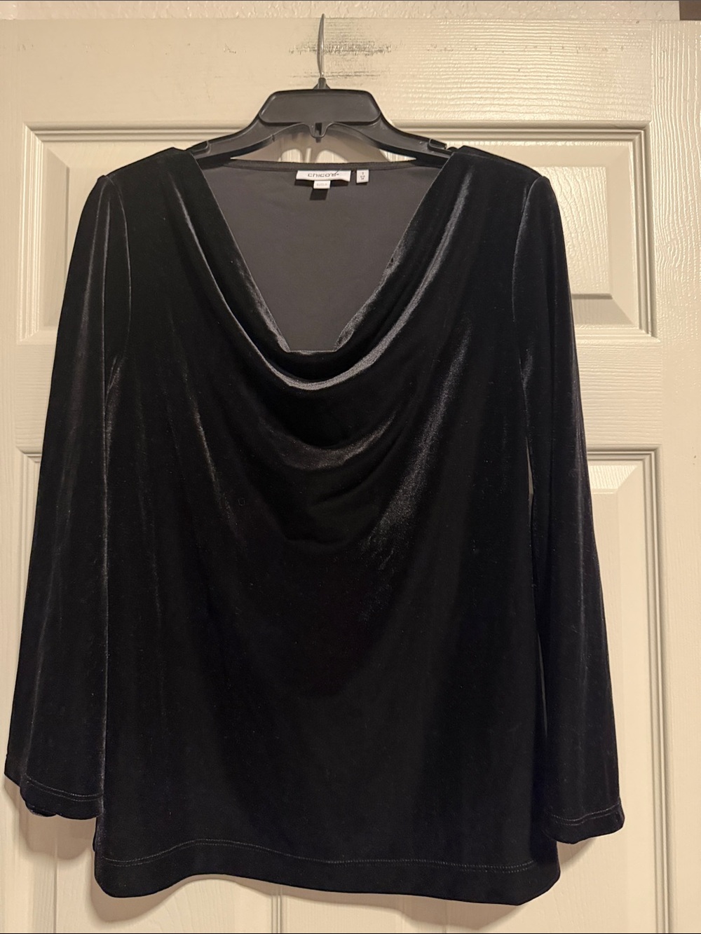 Chico's Black Velvet Cowl-Neck Long Sleeve Blouse.